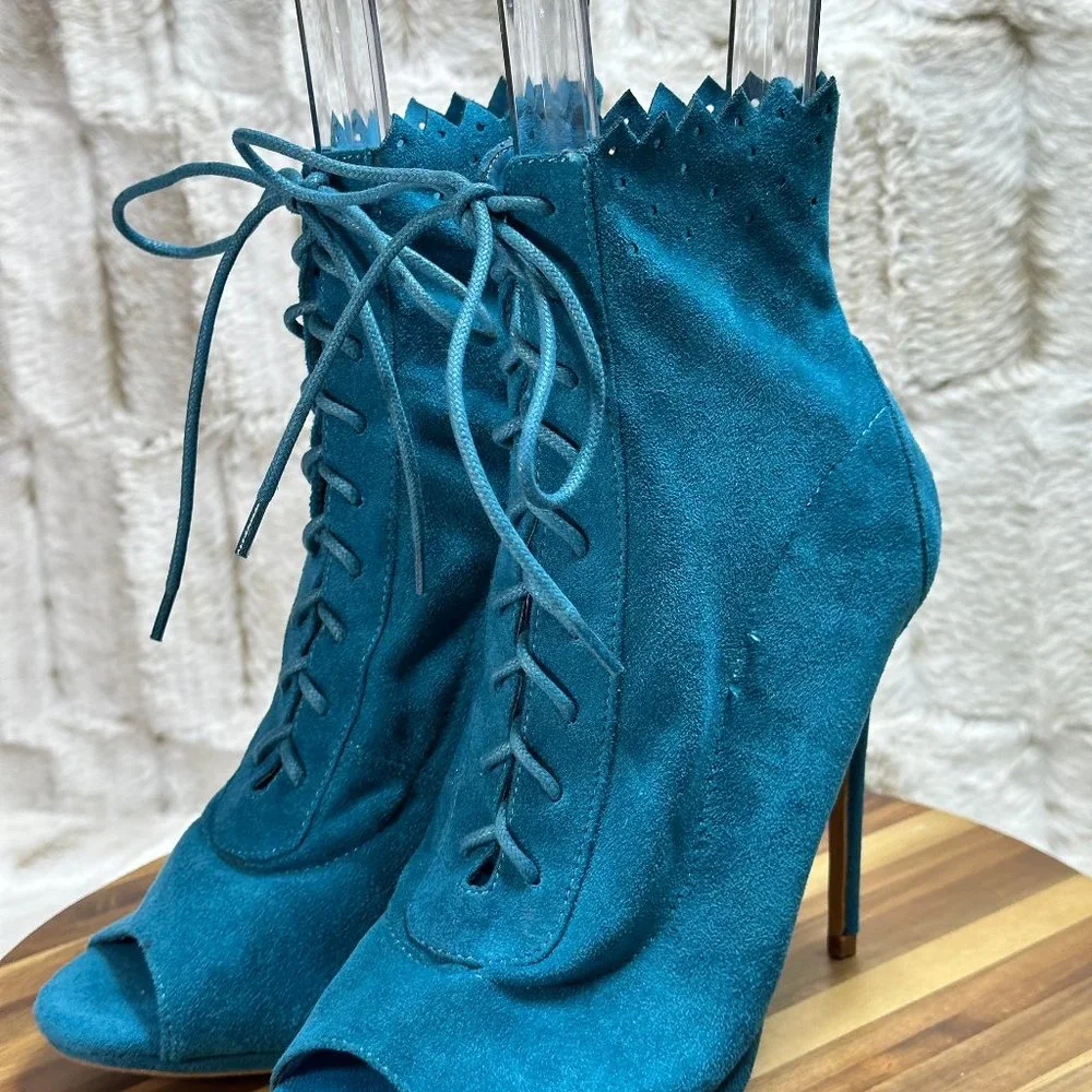 * So Me Teal Lace Up High Heel Ankle Boots - Picture 6 of 9
